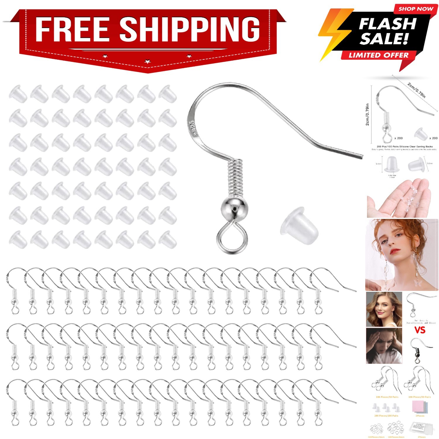 925 Sterling Silver Hypoallergenic Earring Hooks 100 Pairs for Jewelry Making...