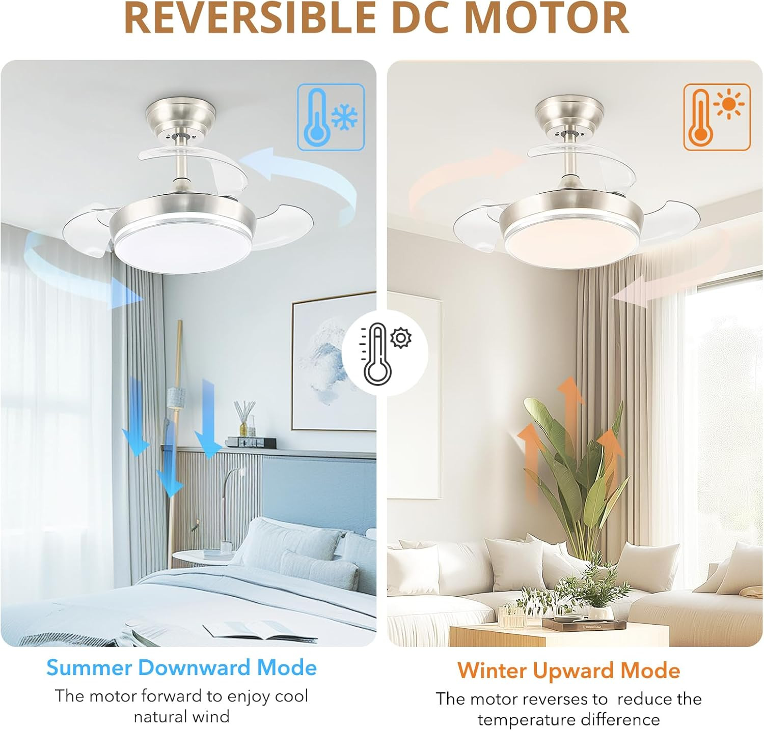 30" Retractable Ceiling Fan with Dimmable LED Light & Remote, 6 Speeds, Brushed