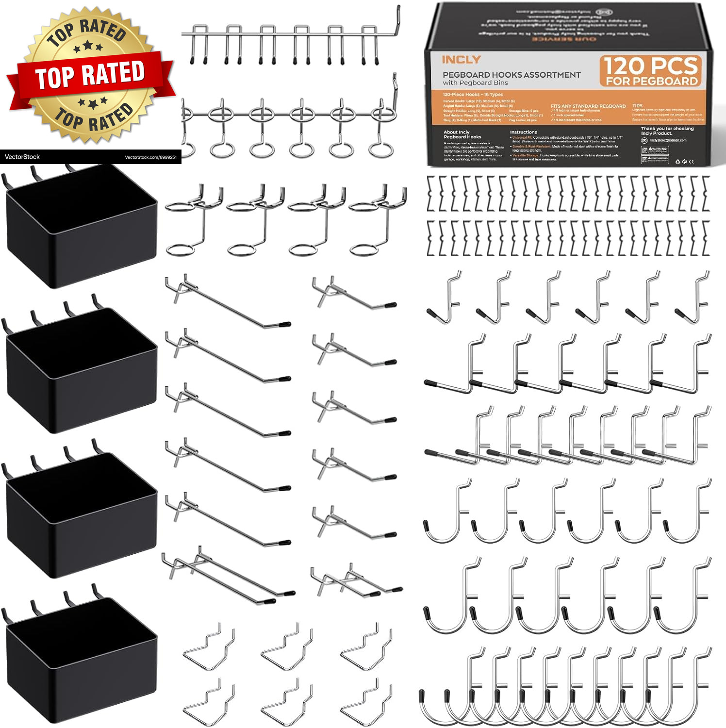 120PCS Pegboard Accessories Organizer Kit, Peg Board Hooks Assortment with Bins