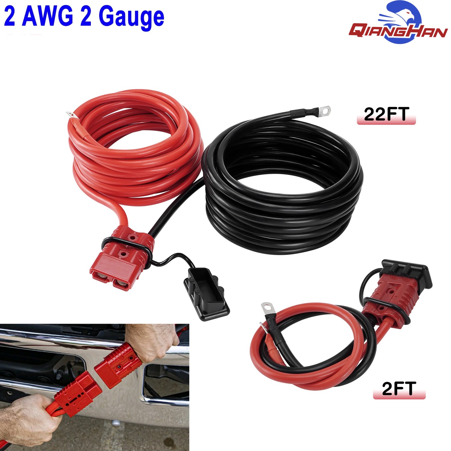 24 FT Quick Disconnect Winch Power Cable 2 Gauge 2 AWG Copper Wiring Heavy Duty