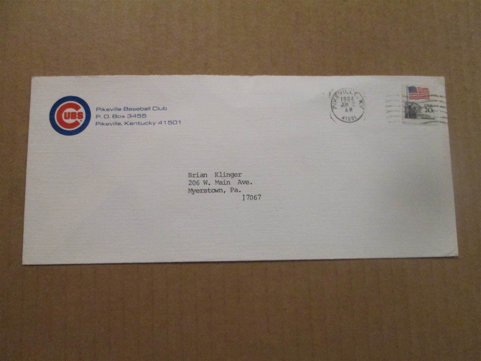 Appalachian League Pikeville Cubs Vintage Dated 1984 Team Logo Business Envelope