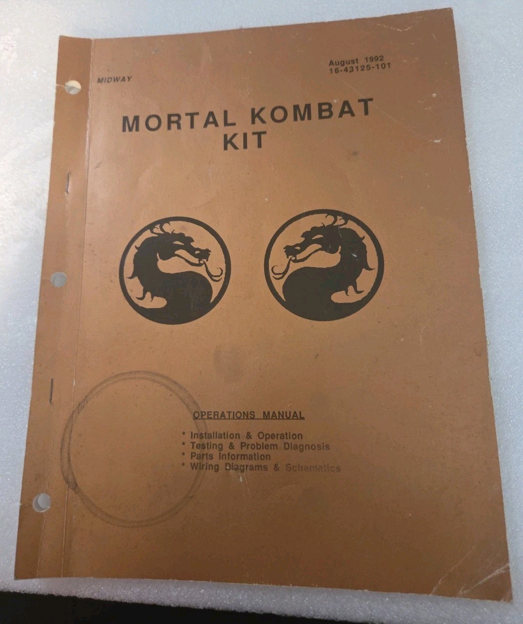 Williams Mortal Kombat Operations Manual 16-43125-101 August 1992 Game Arcade