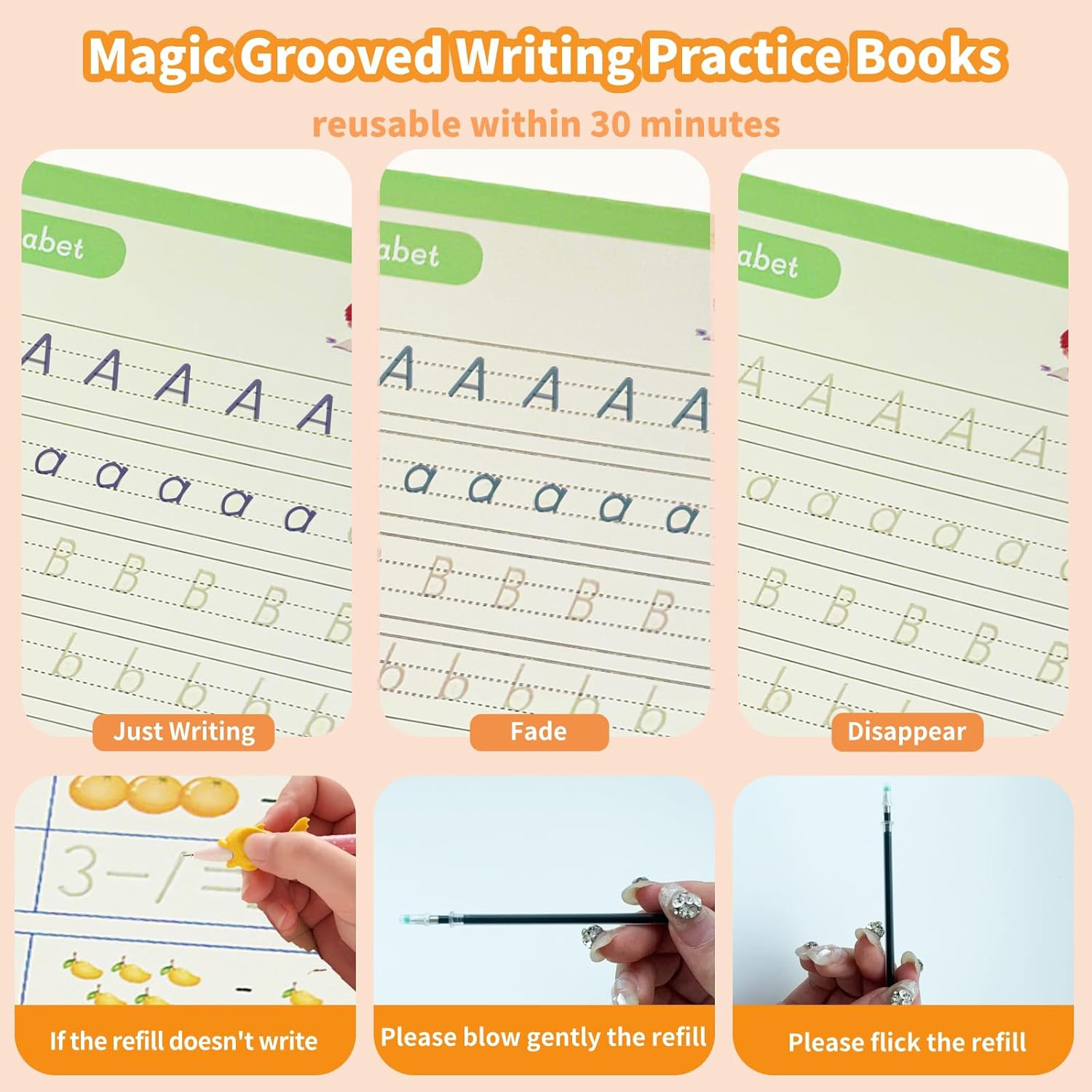 Large Magic Grooved Writing Practice Books for Kids, Reusable Handwriting Workbo