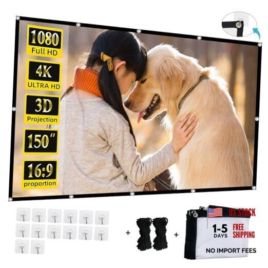Projector Screen, 150-inch Projection Screen 4K 16:9 HD Foldable 150inches