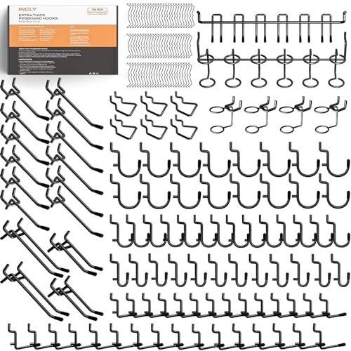 INCLY 176Pc Pegboard Hooks Kit 1/4-In Heavy Duty Metal Black W/ Peg Locks