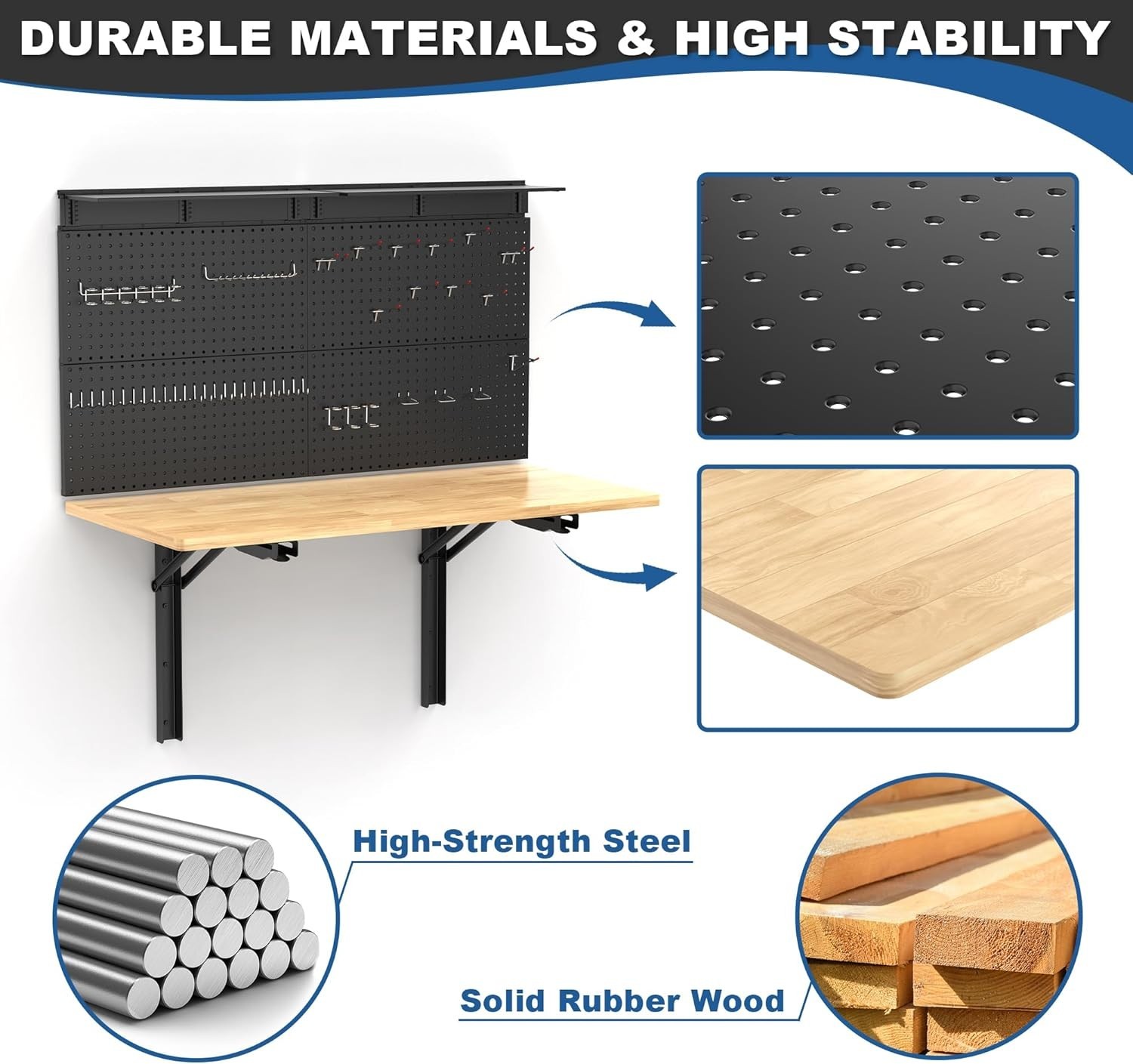 Wall Mounted Workbench with Pegboard, Folding Down Work Table Metal Pegboard ...