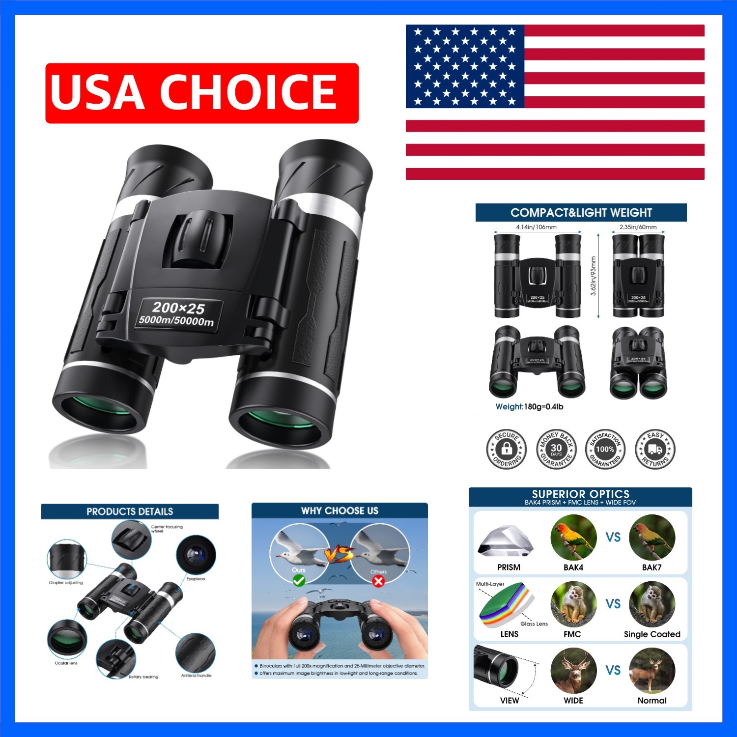 200x25 Compact Binoculars for Adults and Kids, High Powered Mini Pocket Binoc...
