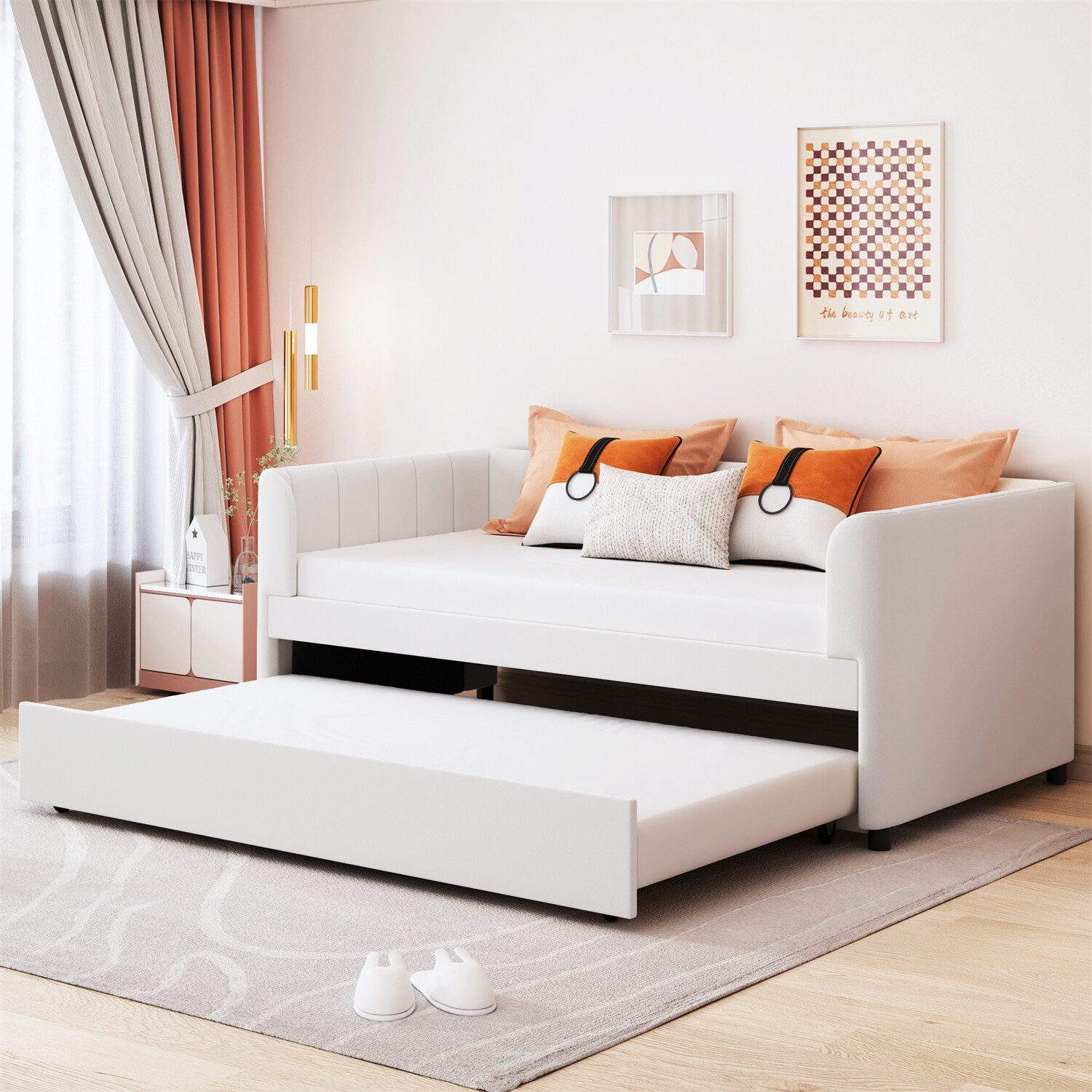 Twin Size Daybed Upholstered Bed Frame Sofa Bed with Trundle Bed Beige/Gray/Pink