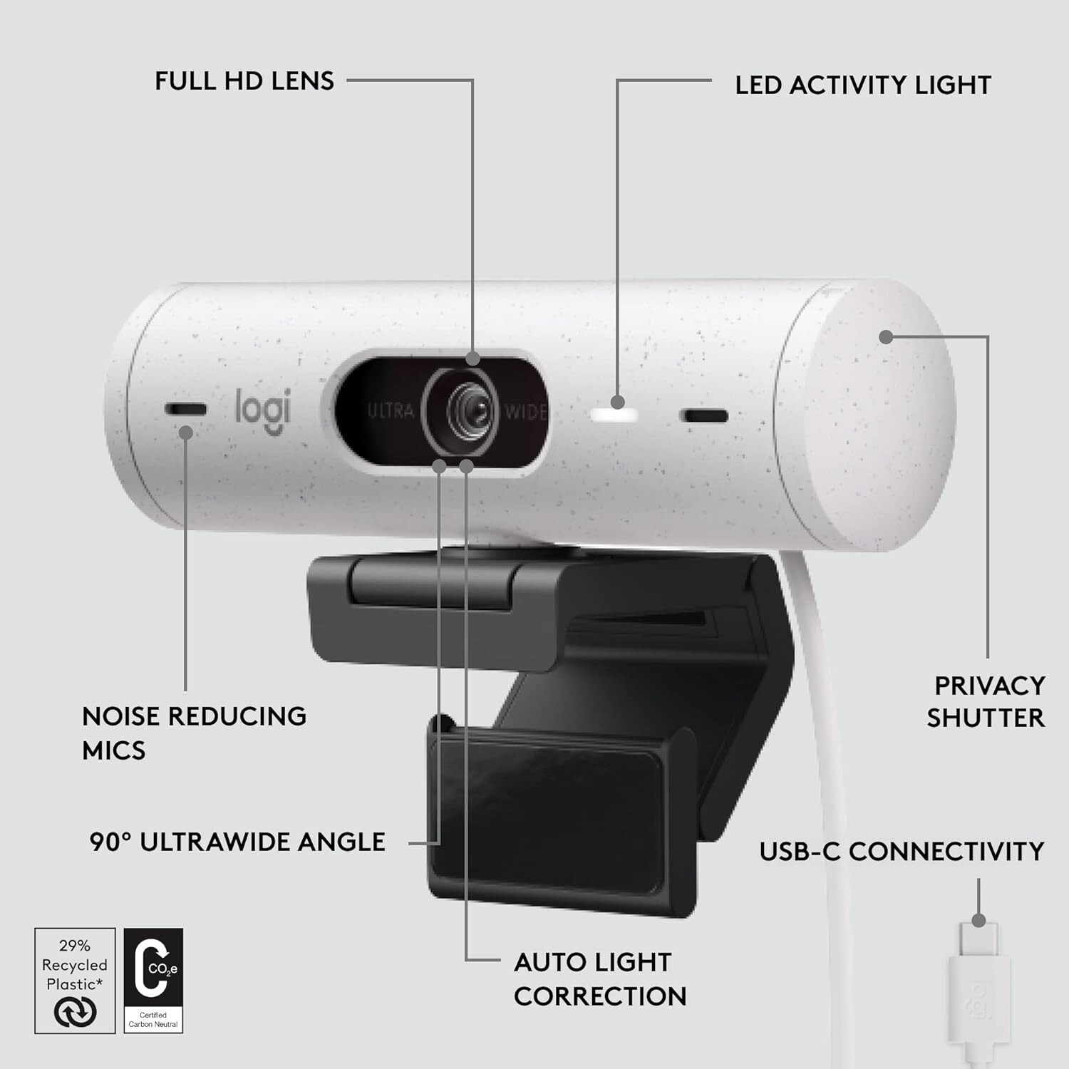 Logitech Brio 500 Full HD Webcam USB-C Cable - Off White