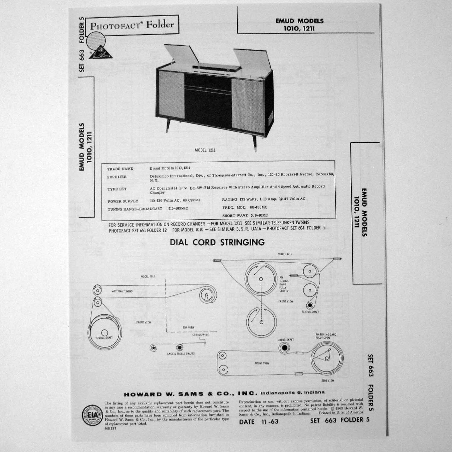 Emud Models 1010 1211 Fourteen Tube BC SW FM Stereo SAMS Photofact ™ 1963 New