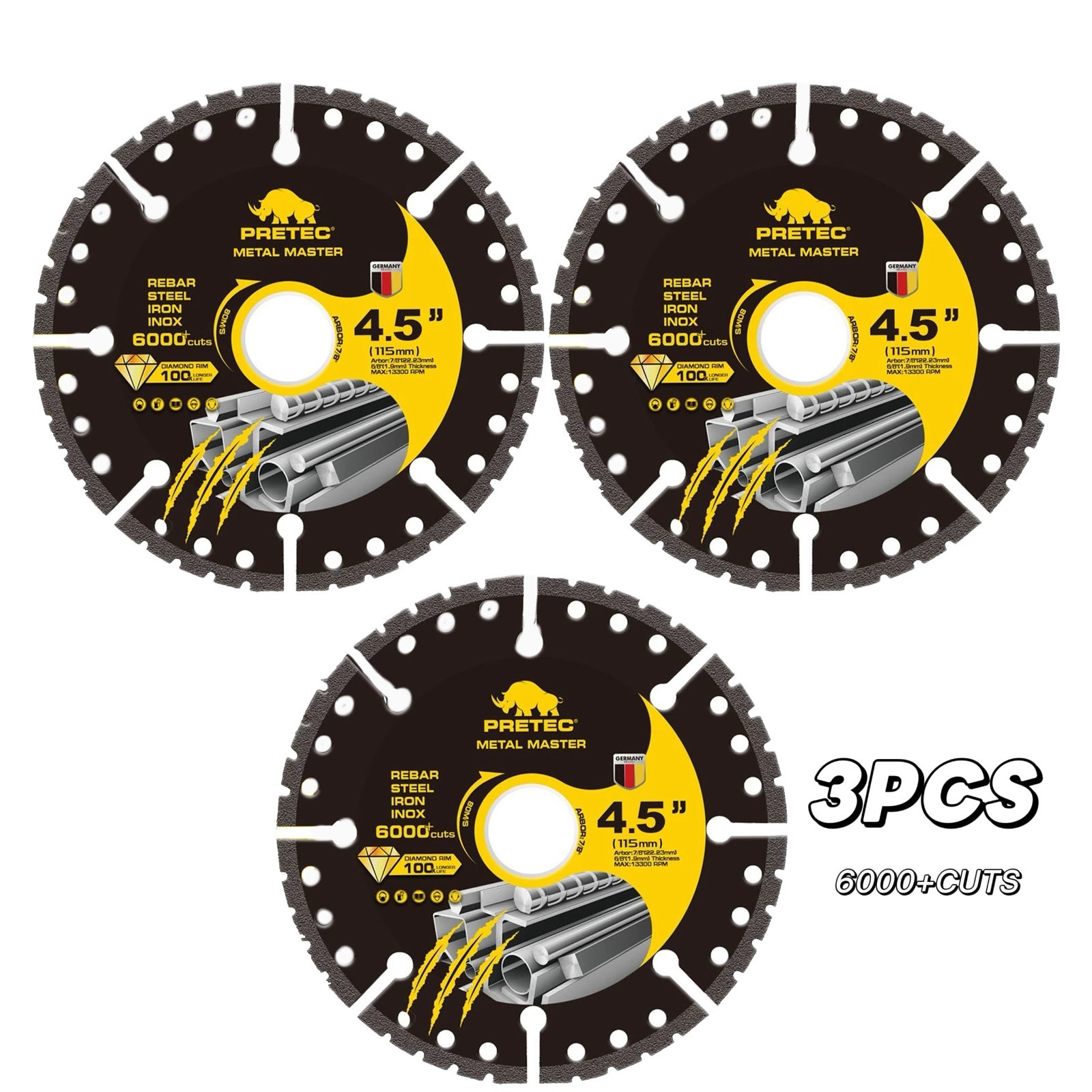 3PCS PRETEC 4-1/2" Metal Diamond Cutting Wheel,7/8" Arbor Disc for Angle Grinder