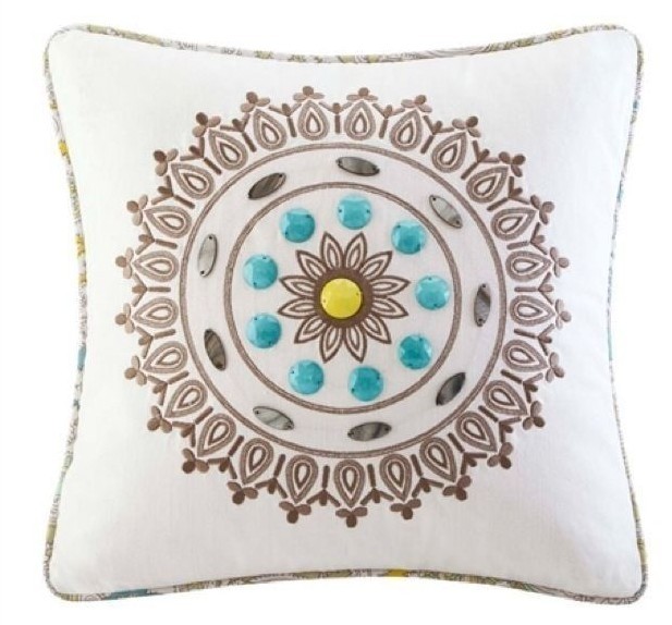 Echo Design Hudson Paisley White Square Decorative Pillow Embroidered Beads Blue
