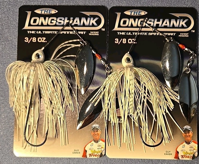 Lot of 2 ~ "LONGSHANK" 3/8 oz Spinnerbait ~ White ~ DWNN Guy Eaker Edition
