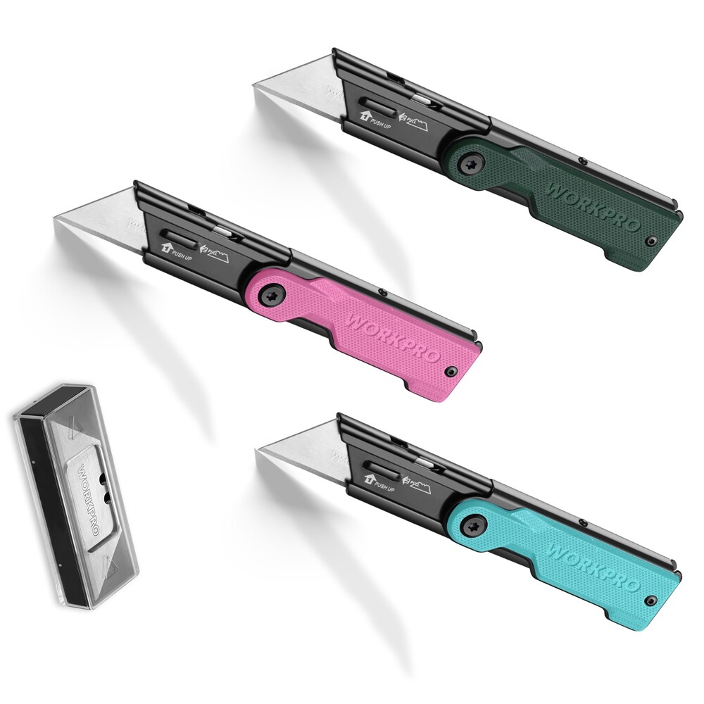 WORKPRO 3Pcs Folding Utility Knife Set 10 Extra Blades Quick-Change Box Cutter