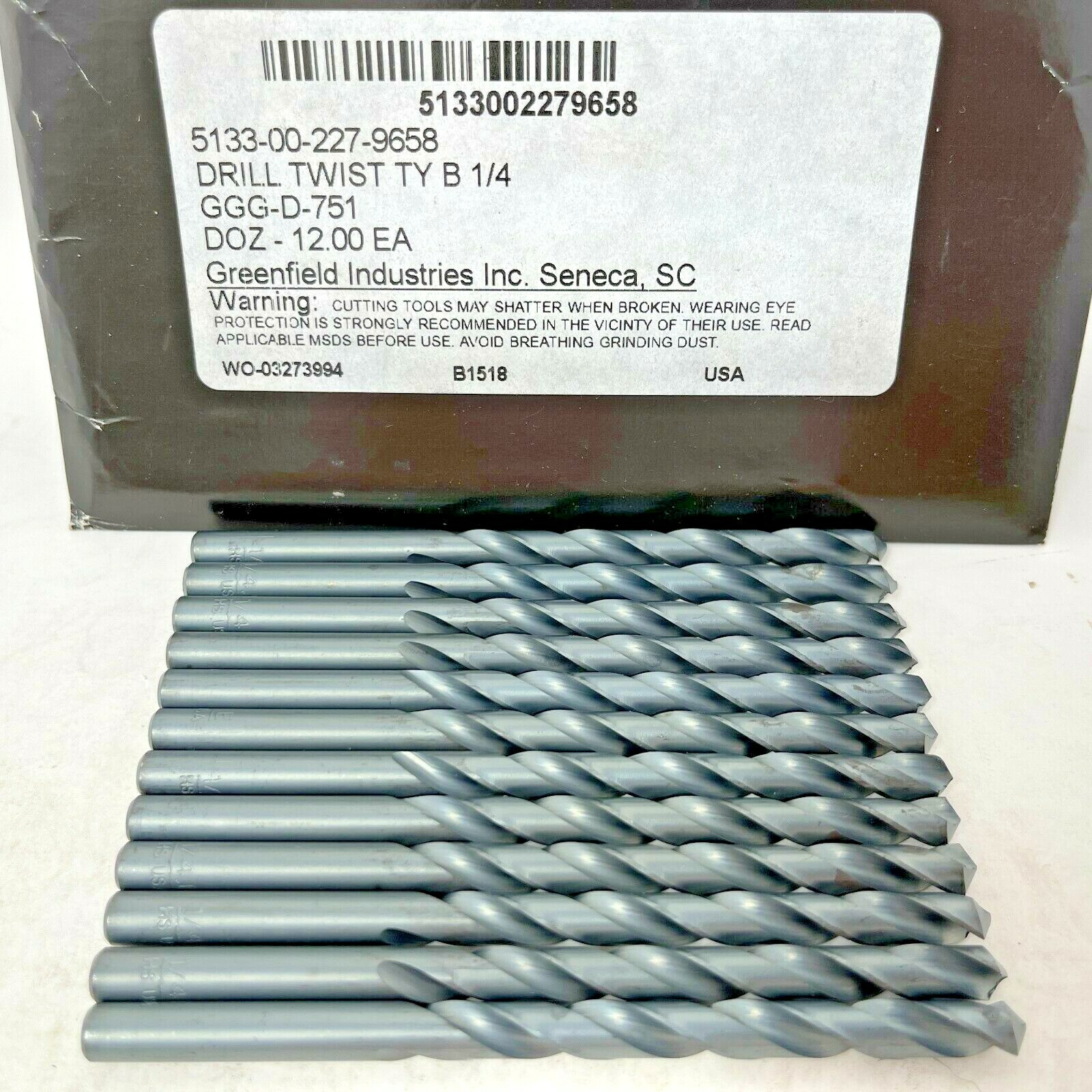 Greenfield Industries 1/4" Diameter x 4" Long Drill Twist Bit TY Pack of 12 USA
