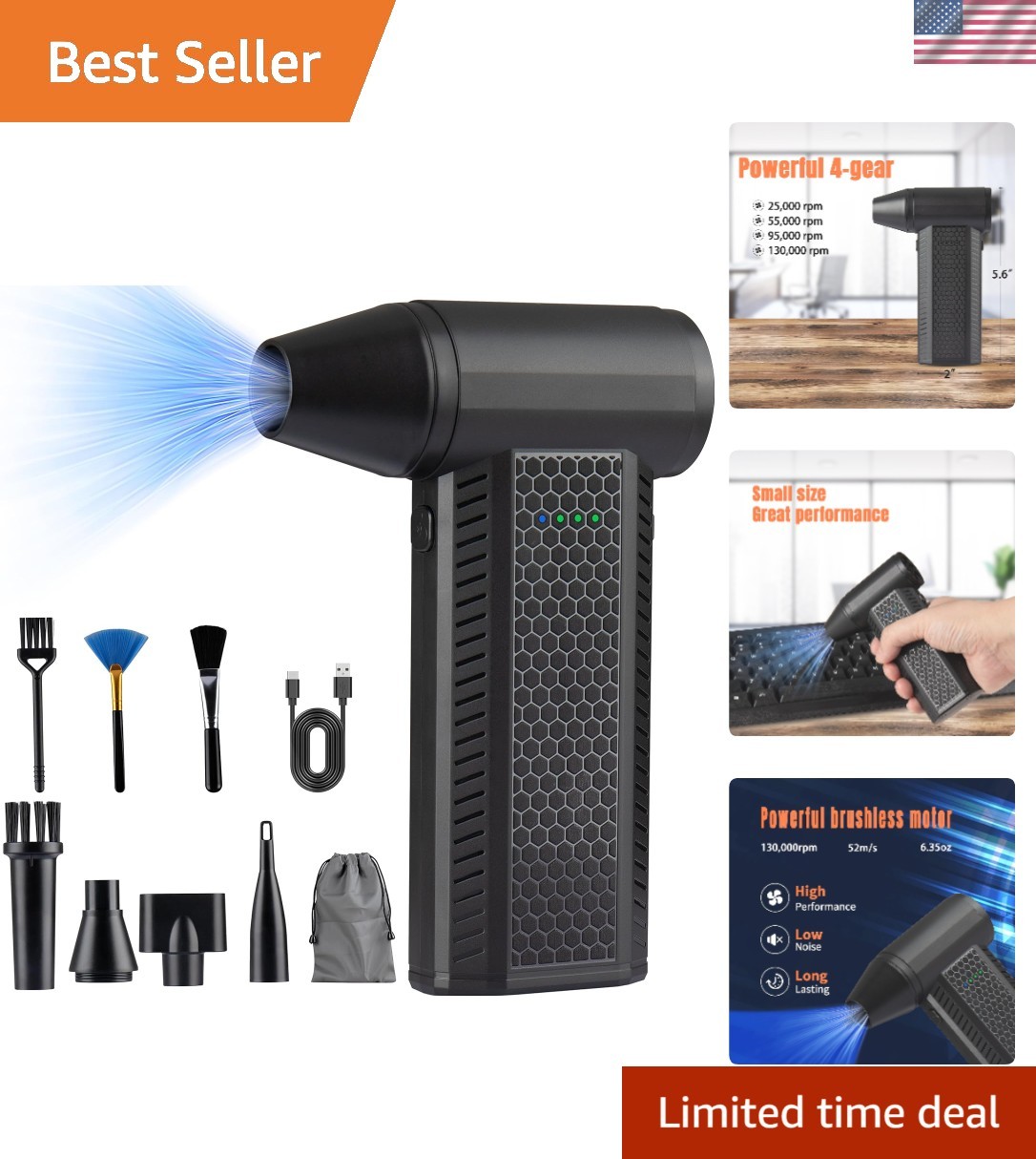Portable 130,000 RPM Air Duster - 4-Gear Settings for Efficient Cleaning Tasks