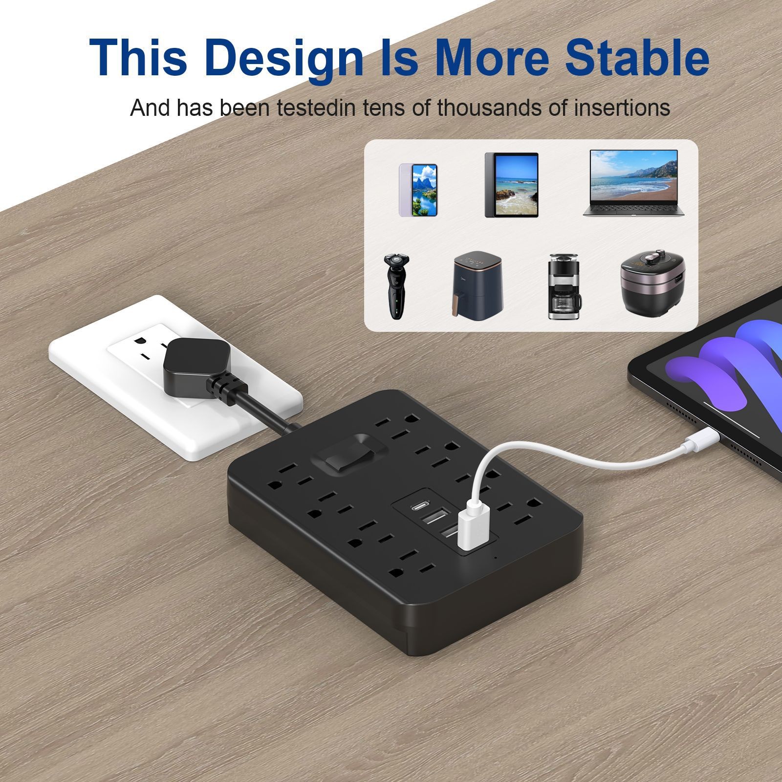 US Surge Protector Power Strip 8 AC Outlets USB Ports Type C Plug Wall Mountable