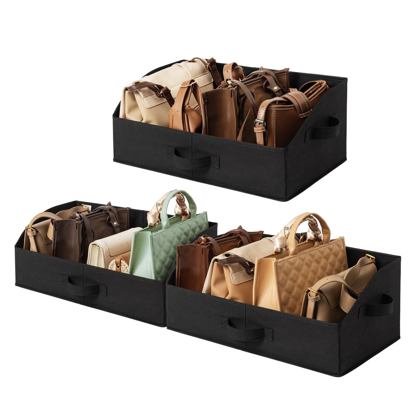 3 Pack Black Trapezoid Fabric Storage Bins Baskets For Shelves Clothes
