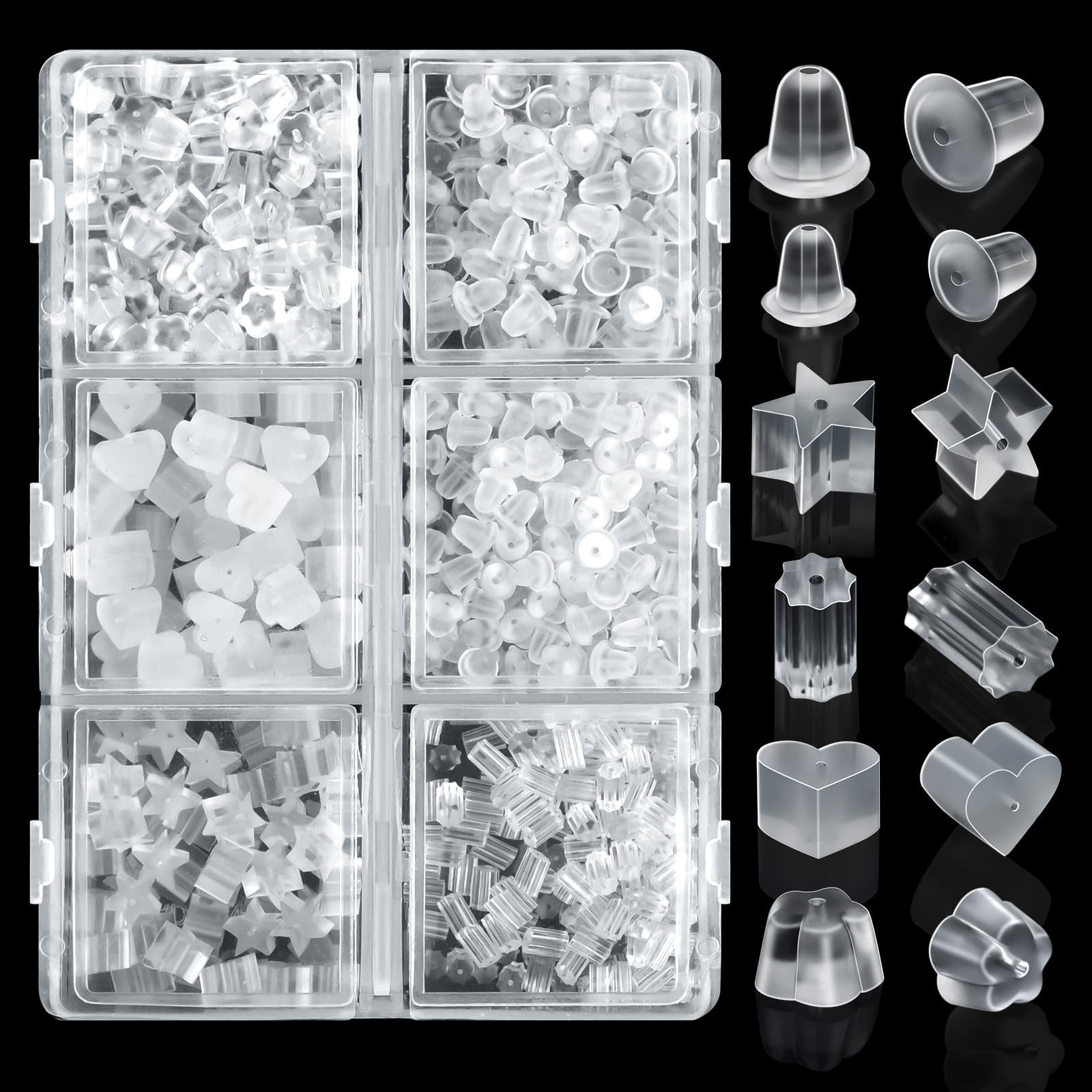 600pcs Clear Silicone Earring Backs Replacements, 6 Sizes Soft Friction Backs