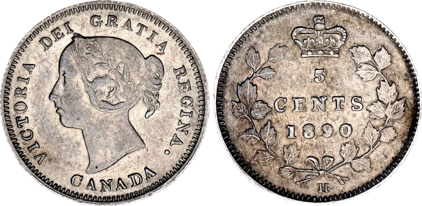 COIN Canada 5 Cents 1890 H "I's Error" KM# 2 Silver Victoria AUNC Toning