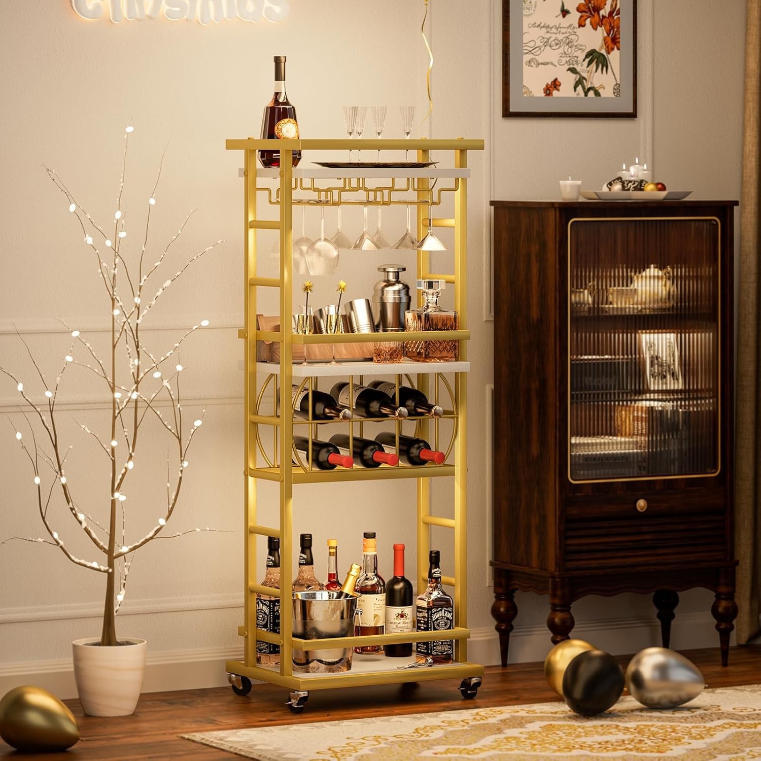 4 Tier Bar Cart W/ Wheels Home Bar Serving Cart Rolling Mini Wine Cart W/ Wine