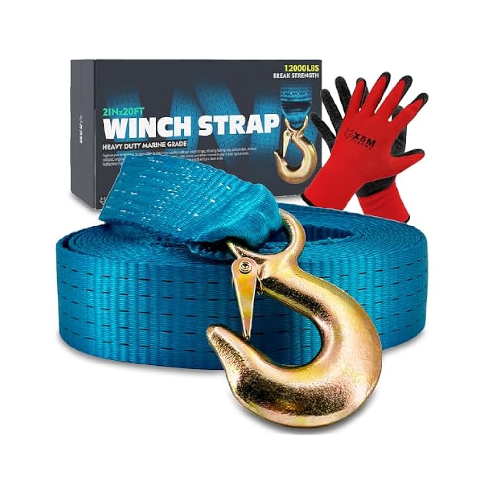 Boat Trailer Winch Strap - 2"x20ft, 12K lbs, w/Hook & Gloves, Marine Grade, Blue