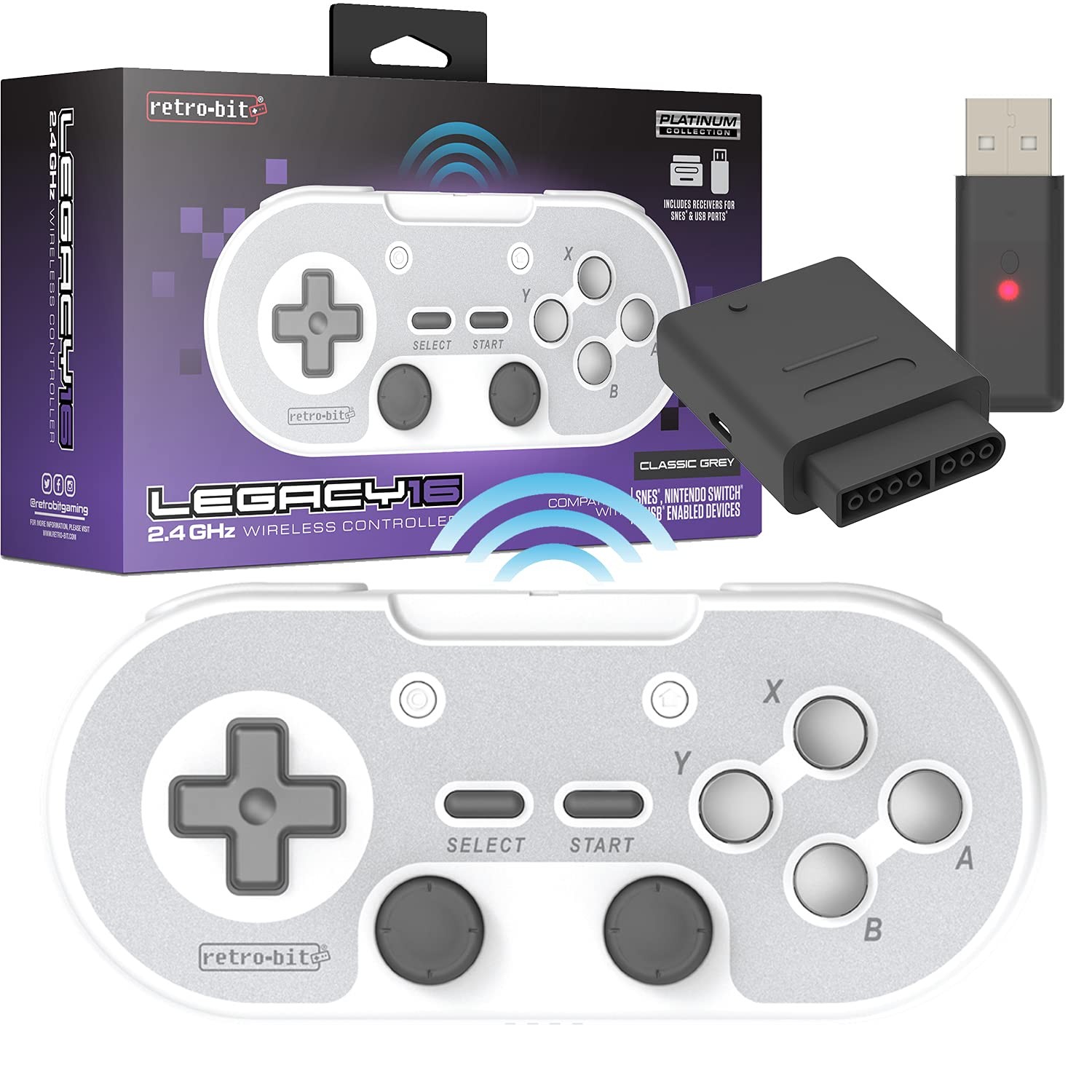 Retro-Bit Legacy16 2.4GHz Wireless Controller for SNES, Switch - Gray