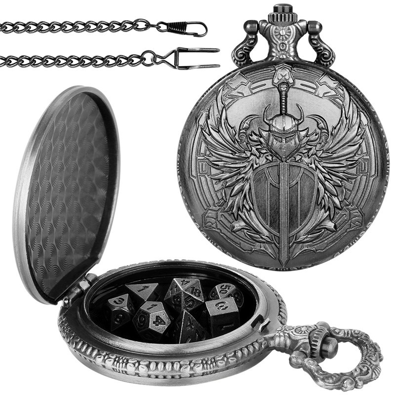 Paladin Pocket Watch Case w/ Chain 7pcs Mini Solid Metal DND Dice Gift for Gamer