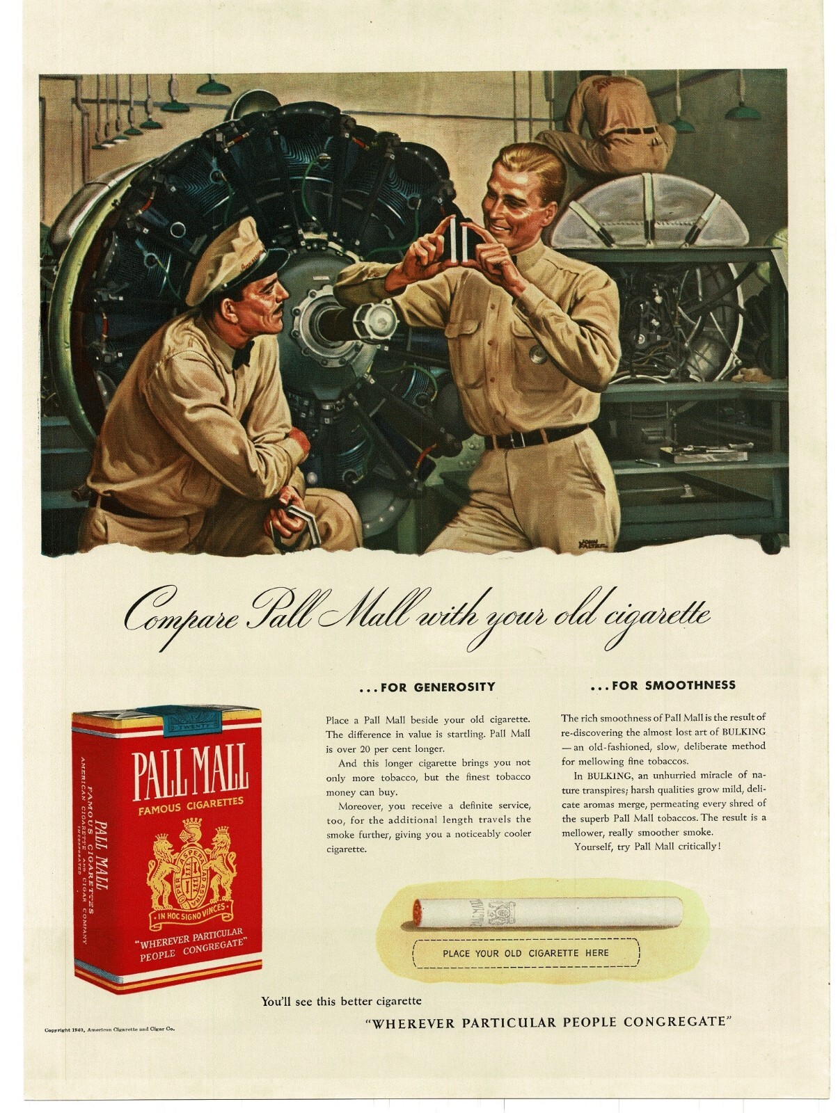1940 Pall Mall Cigarettes airplane mechanics John Falter art Vintage Print Ad