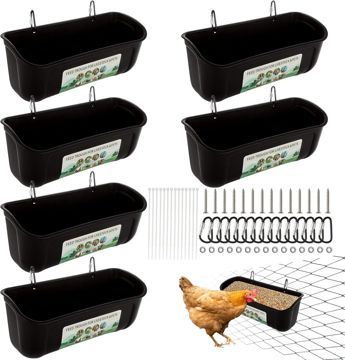 6 Pack Goat Feeders Hanging 3.5 Quart Chicken Feeder Waterer Trough Goat Mineral