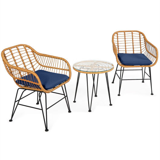 3 Pieces Rattan Furniture Set with Cushioned Chair Table-Navy - Color: Navy