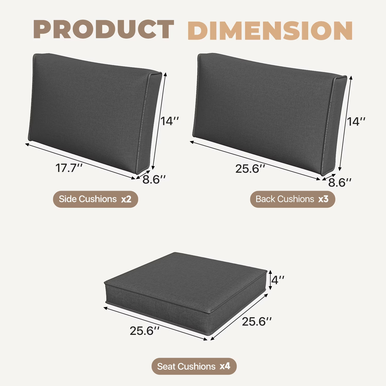 4-Person Dark Gray Outdoor Sectional Sofa Cushions, Waterproof Polyester