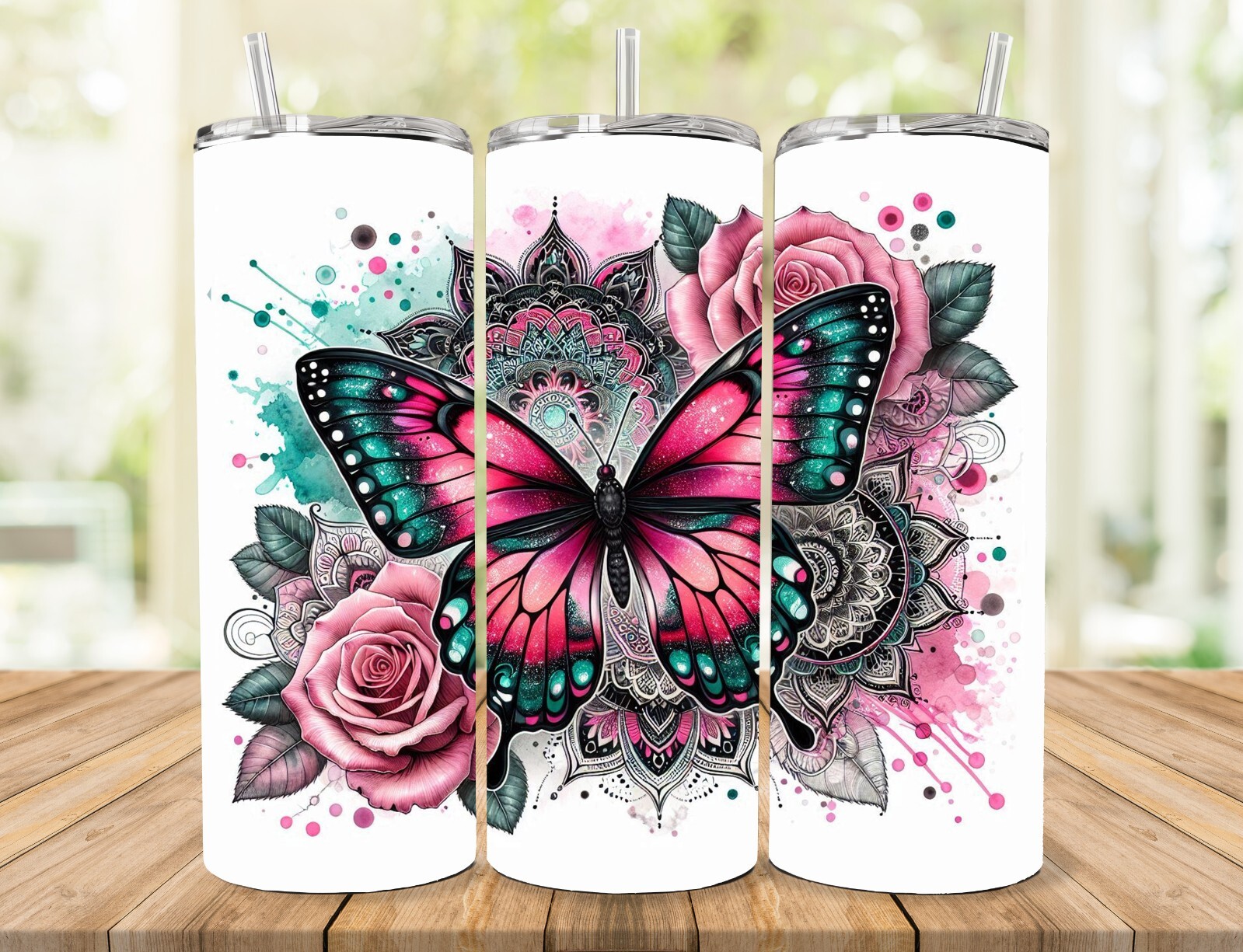 PINK BUTTERFLY ROSES MANDALA 20 OZ STAINLESS STEAL TUMBLER WITH STRAW GREAT GIFT