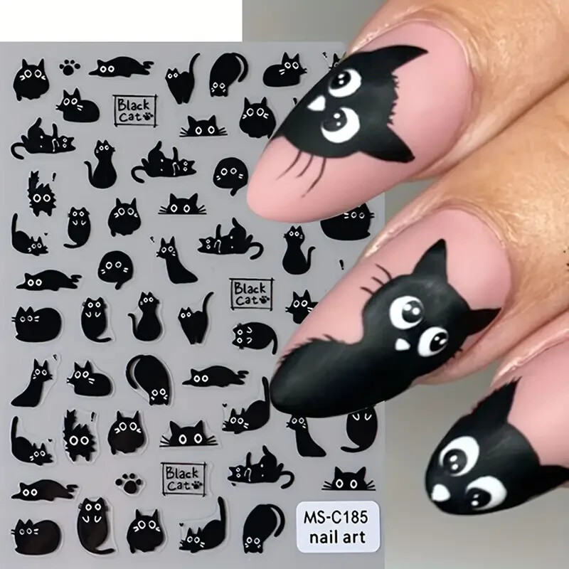 Cat Nail Art Stickers Self-Adhesive Black Cartoon Characters
