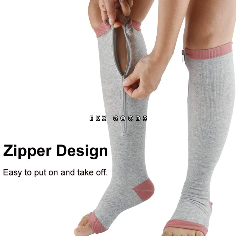 Zipper Open Toe Compression Socks 20-30mmHg Calf Leg Ankle Support Stocking