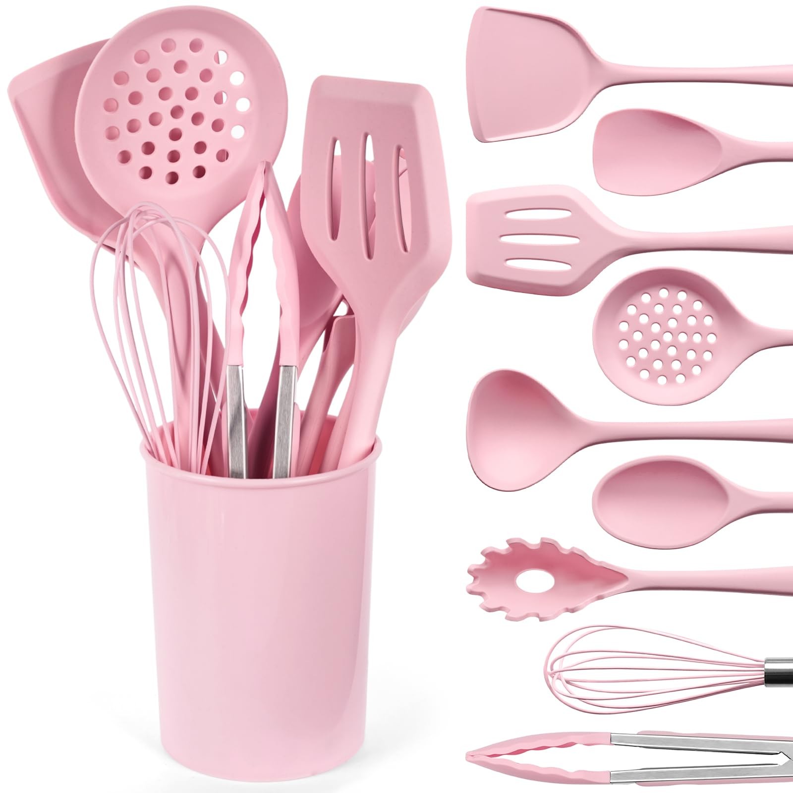 10-Piece Silicone Kitchen Utensils Set with Holder - Pink Non-Stick Cooking T...