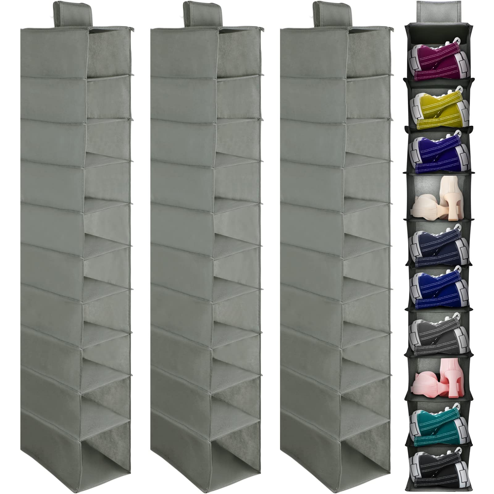 4 Pack Hanging Shoe Shelves 10 Shelf Organizer Holder, Closet Hat Purse Gray