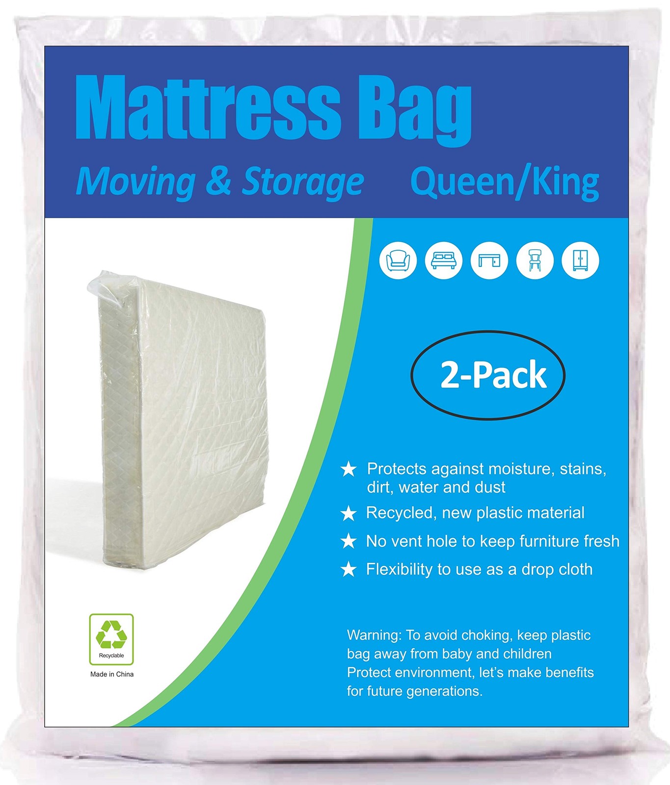 ComfortHome Mattress Bag for Moving and Storage, Queen/King (2-Pack), Clear