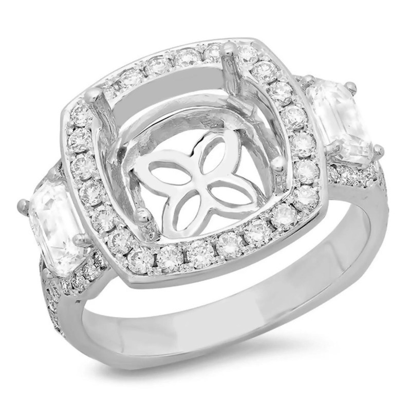 Cushion Semi Mount Ring 925 Sterling Silver 8x8mm Three Stone Halo Blank Setting