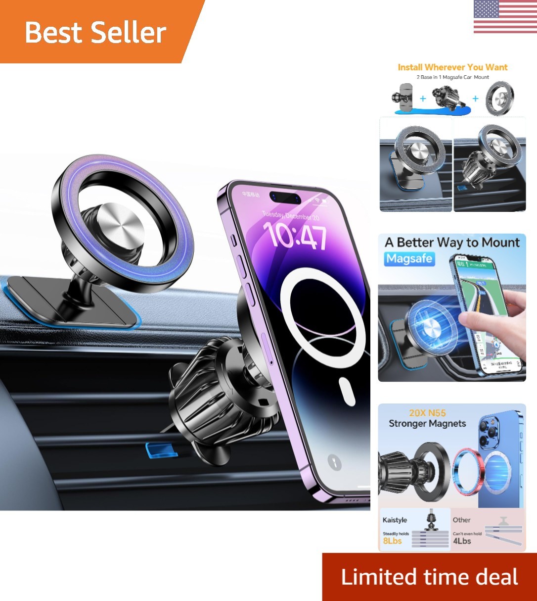 Kaistyle for Magsafe Car Mount【20 Strong Magnets】Magnetic Phone Holder for C