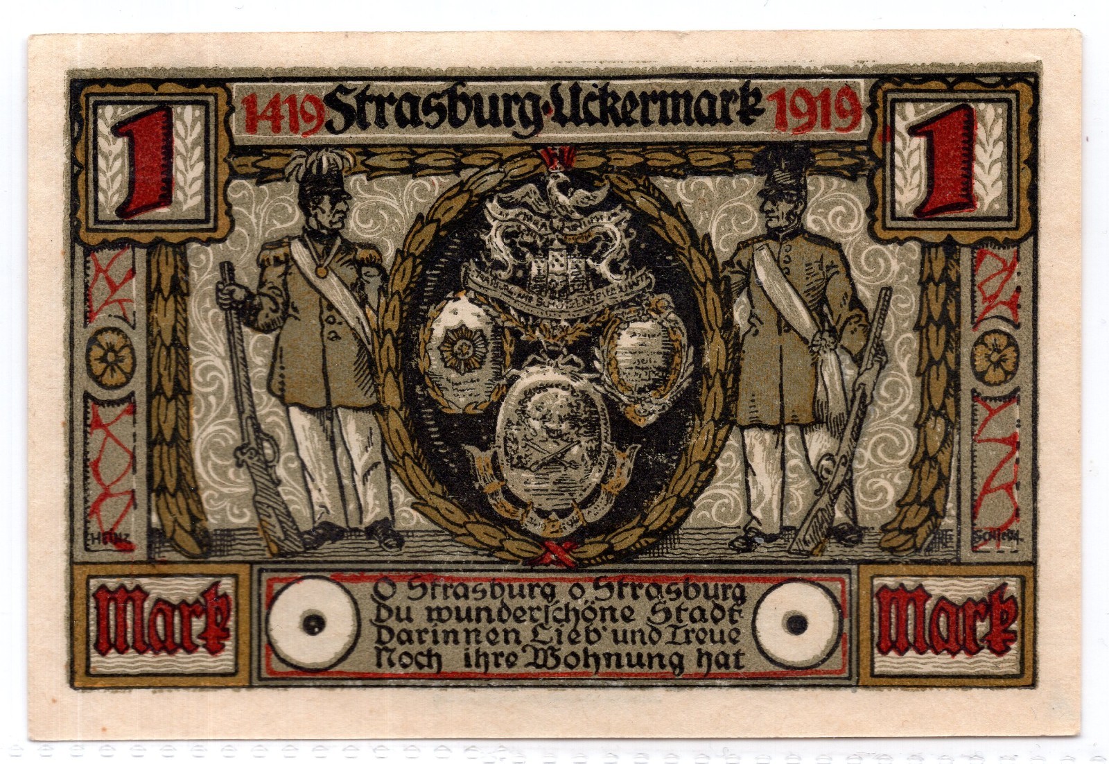 1921 Germany Strasburg Notgeld 1 Mark Note (NG1055)