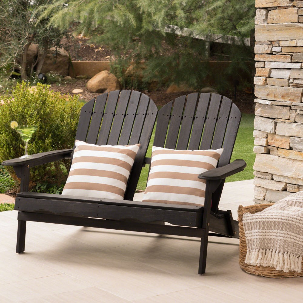 Dark Grey Acacia Wood Adirondack Outdoor Slat Back Patio Garden Bench