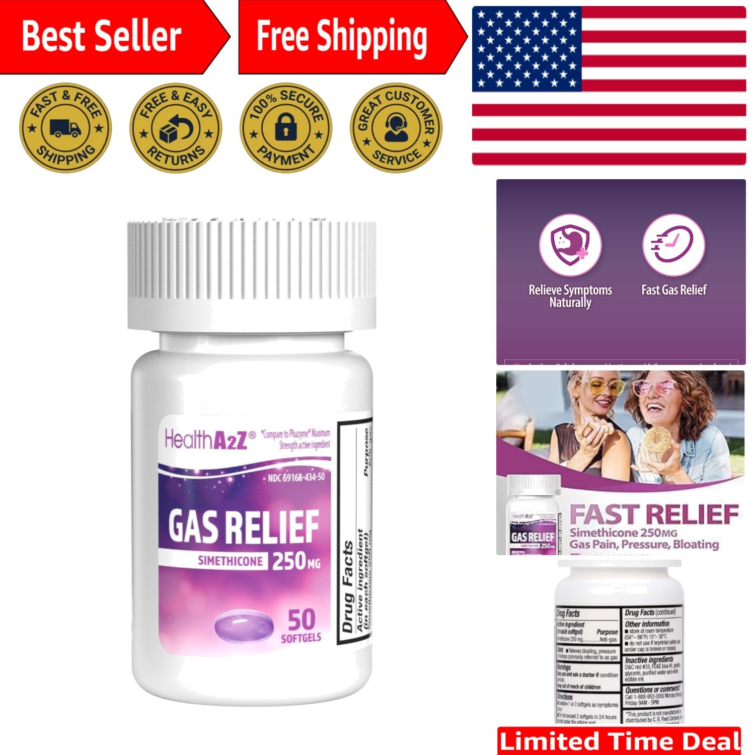 Simethicone 250mg Softgels for Instant Gas Relief | 50 Easy Swallow Capsules