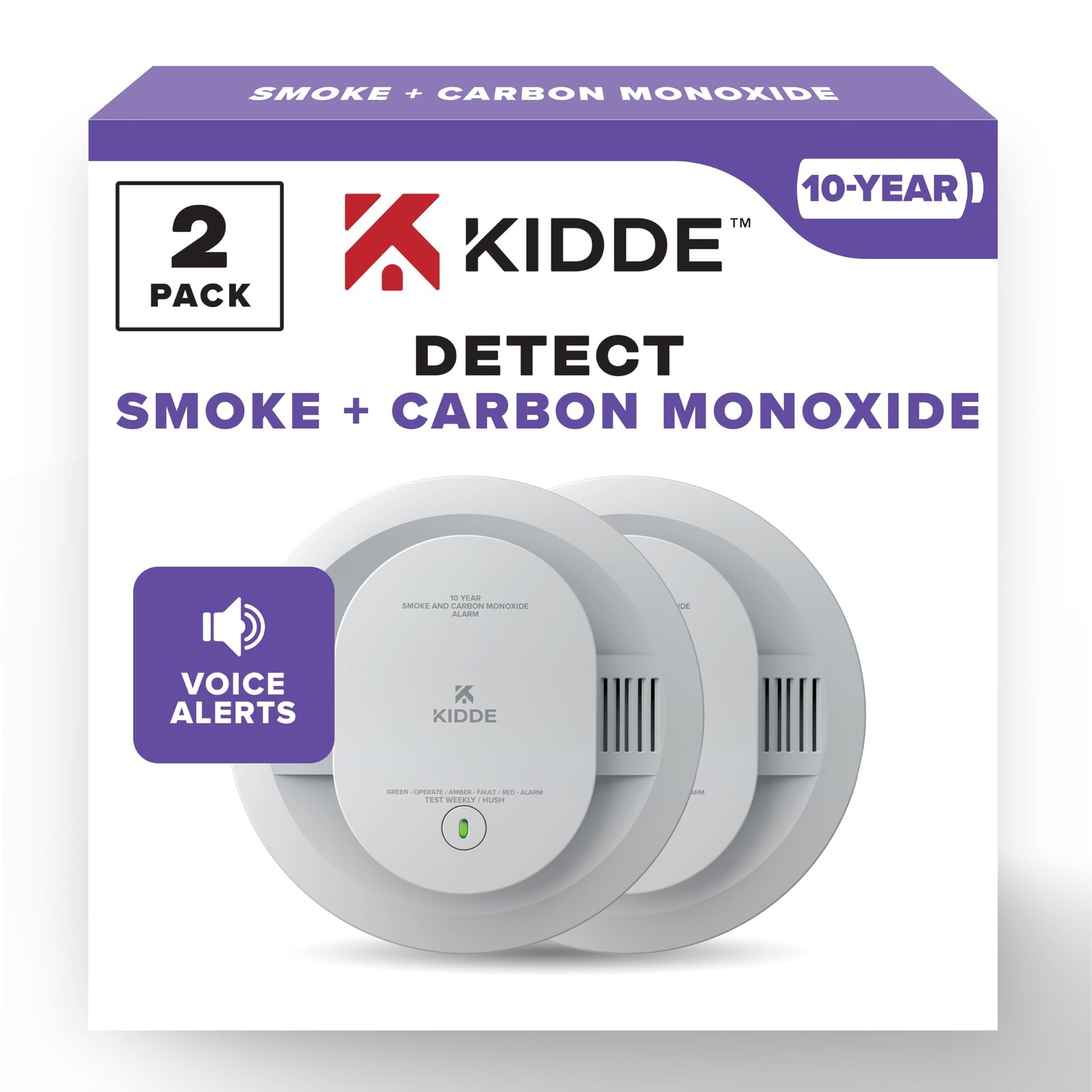 Kidde Monoxide Detector 10-Year Battery Powered Voice Alerts Led Warning Light
