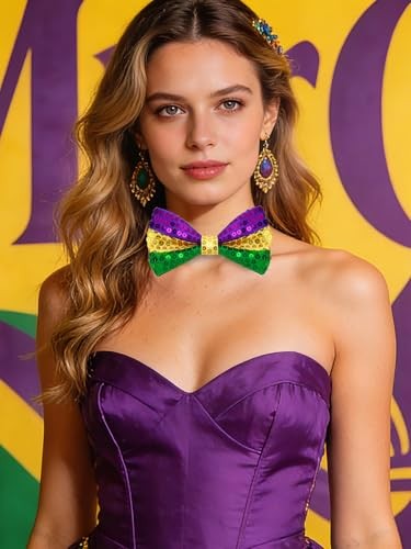 Mardi Gras Bow Tie for Men, 2-Pack Bow Ties (Striped and Sequin), Adjustable