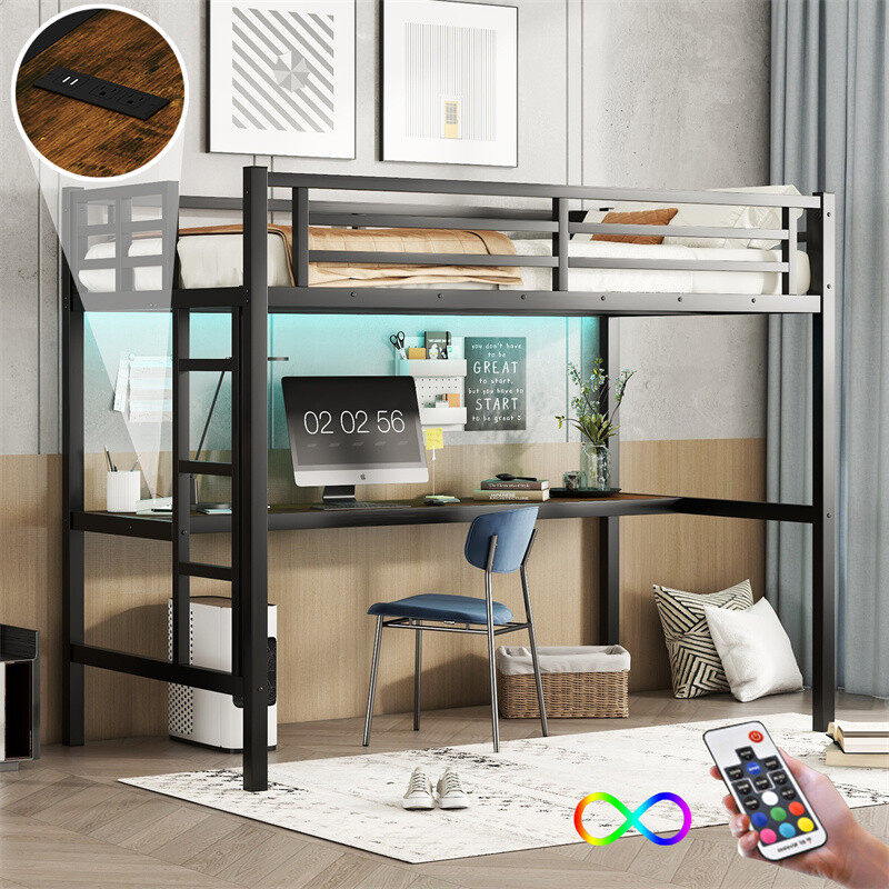 Metal Twin XL Size Loft Bed with Power Outlet & LED Lighted,Space-Saving,Black