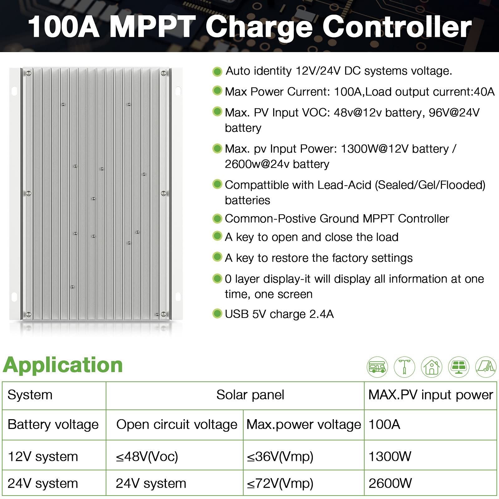 Ooycyoo Mppt Charge Controller 100 Amp 12V/24V Auto 100A Solar Panel Charge