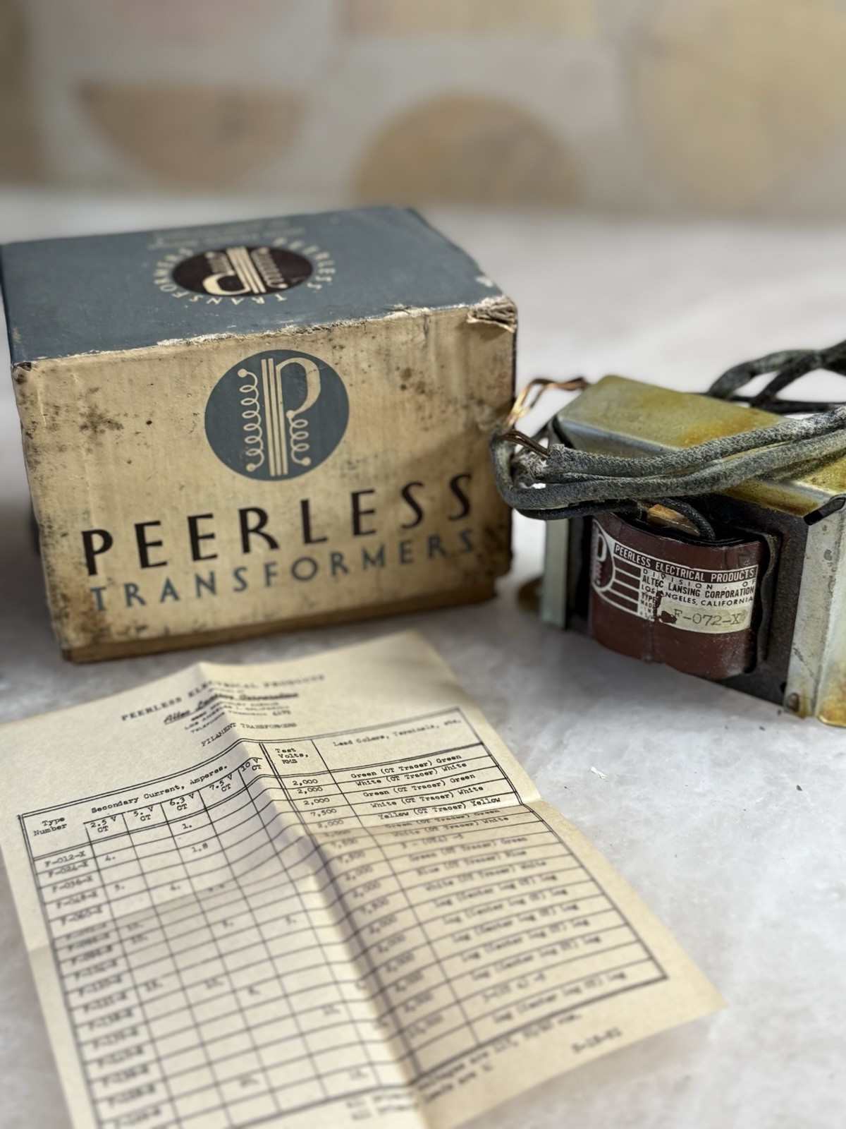 Peerless F-072-X Filament Transformer 6.3V 3.6A Altec Lansing w Box & Data Sheet