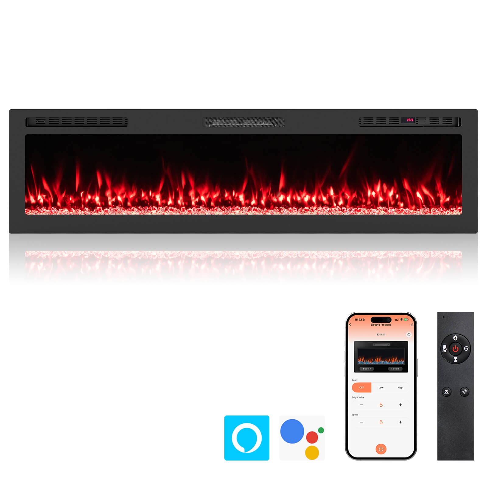 68” Smart WiFi Electric Fireplace, Work with Alexa & Google Assistant, 12H Timer