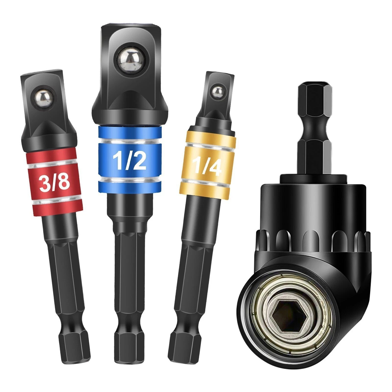 105 Degree Right Angle Drill Bit 1/4"+3/8"+1/2" Hex Shank Socket Adapter Set NEW